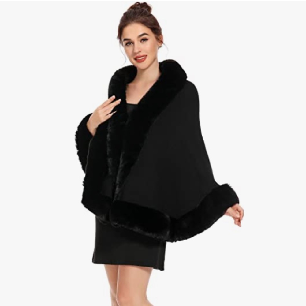 Knit Black Cape with Faux Fur Trim, One Size, NWT